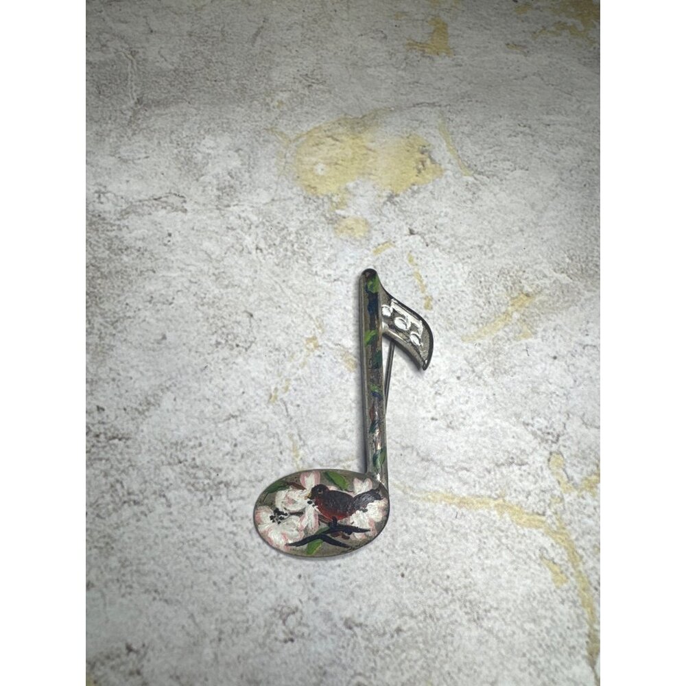 Vintage Sterling SIlver by Jewelart Music Note Brooch Pin Hand Painted
